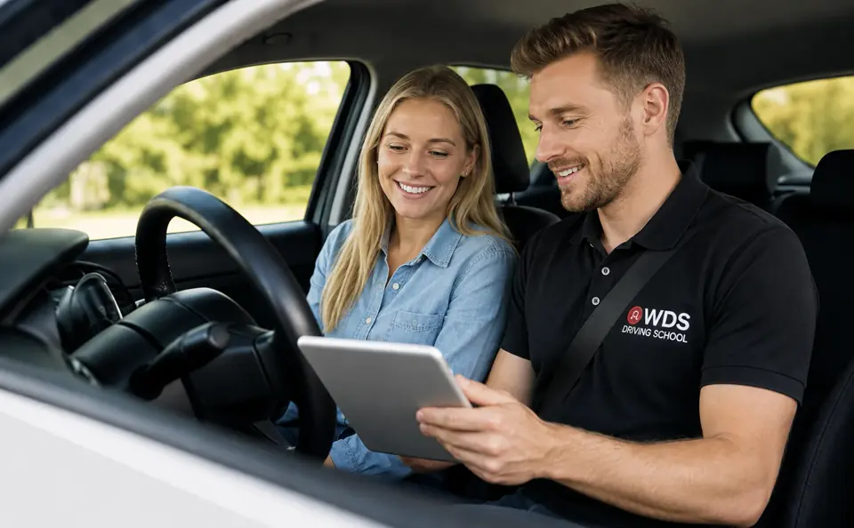 Professional WDS driving instructor reviewing a lesson with a student